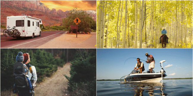 PLD website A four-picture collage of a RV, woman riding a horse, woman hiking with a baby, and two men fishing off a boat.