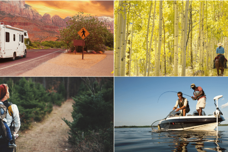 PLD website A four-picture collage of a RV, woman riding a horse, woman hiking with a baby, and two men fishing off a boat.