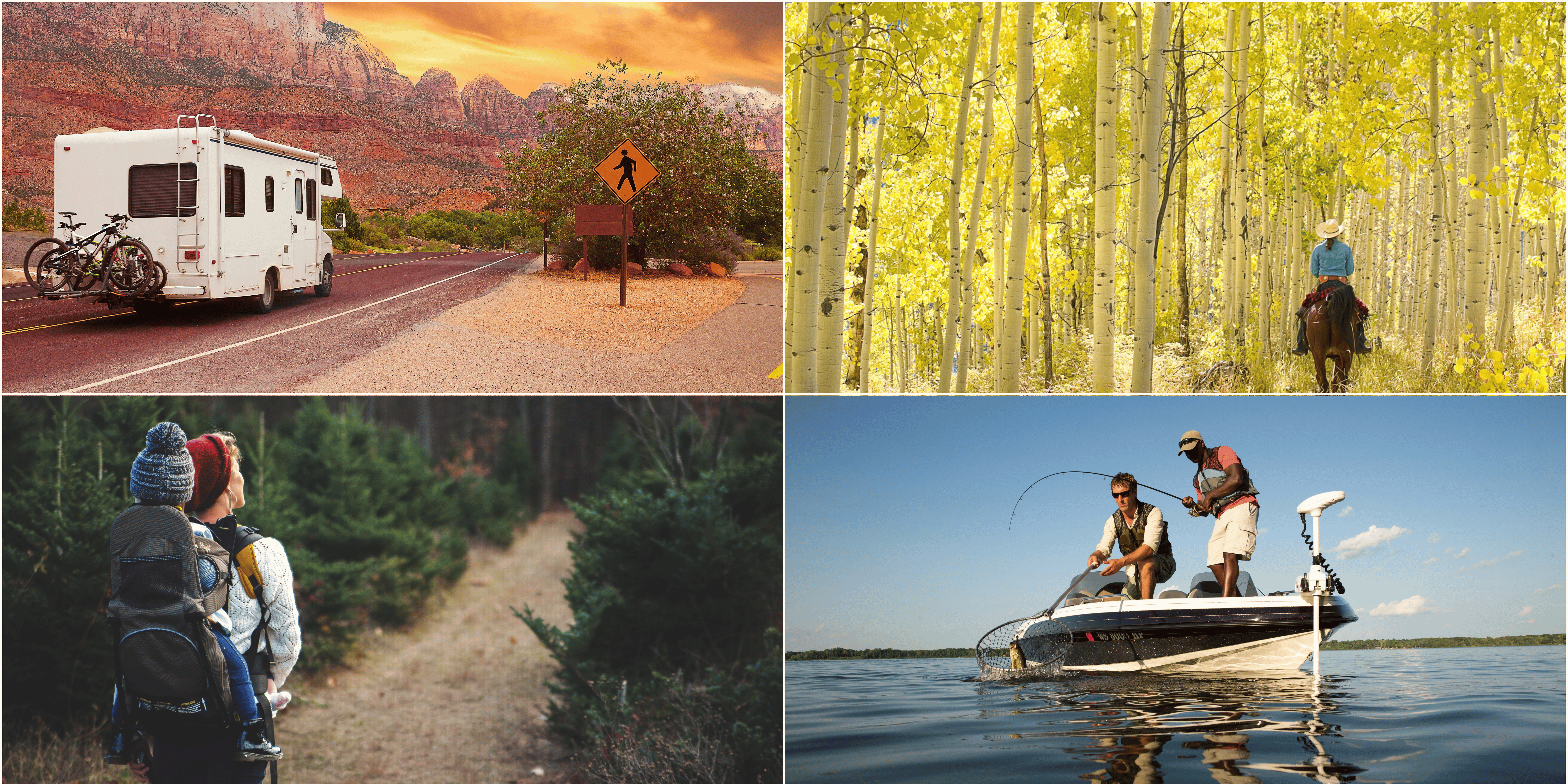 PLD website A four-picture collage of a RV, woman riding a horse, woman hiking with a baby, and two men fishing off a boat.