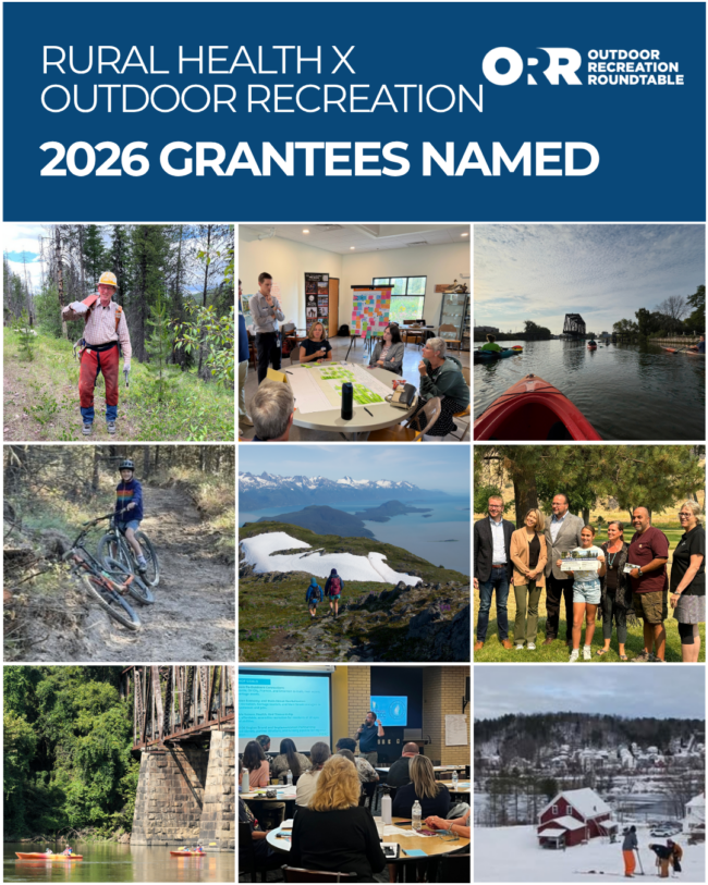 RURAL HEALTH X OUTDOOR RECREATION A collage of nine outdoor recreation activities with the words "Rural Health x Outdoor Recreation 2026 Grantees Named."